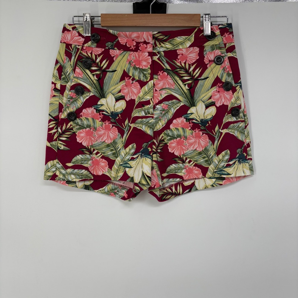 Ann Taylor Pique Womens Burgundy Tropical Floral Sailor Shorts Size 4 Hibiscus